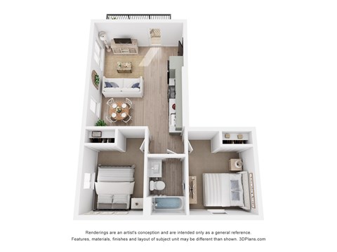 Floor plan for 2 beds, 1 bath, 670 sqft